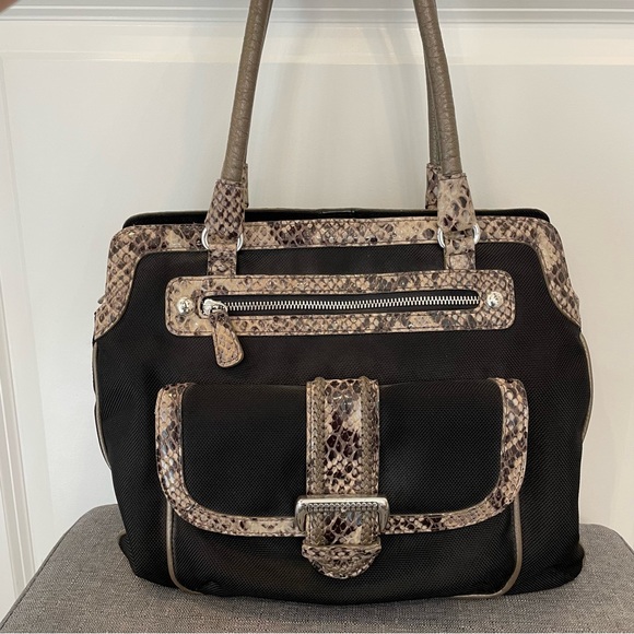 BRIGHTON Python Trimmed Nylon Canvas Shoulder Bag - Black/Brown - Picture 1 of 12